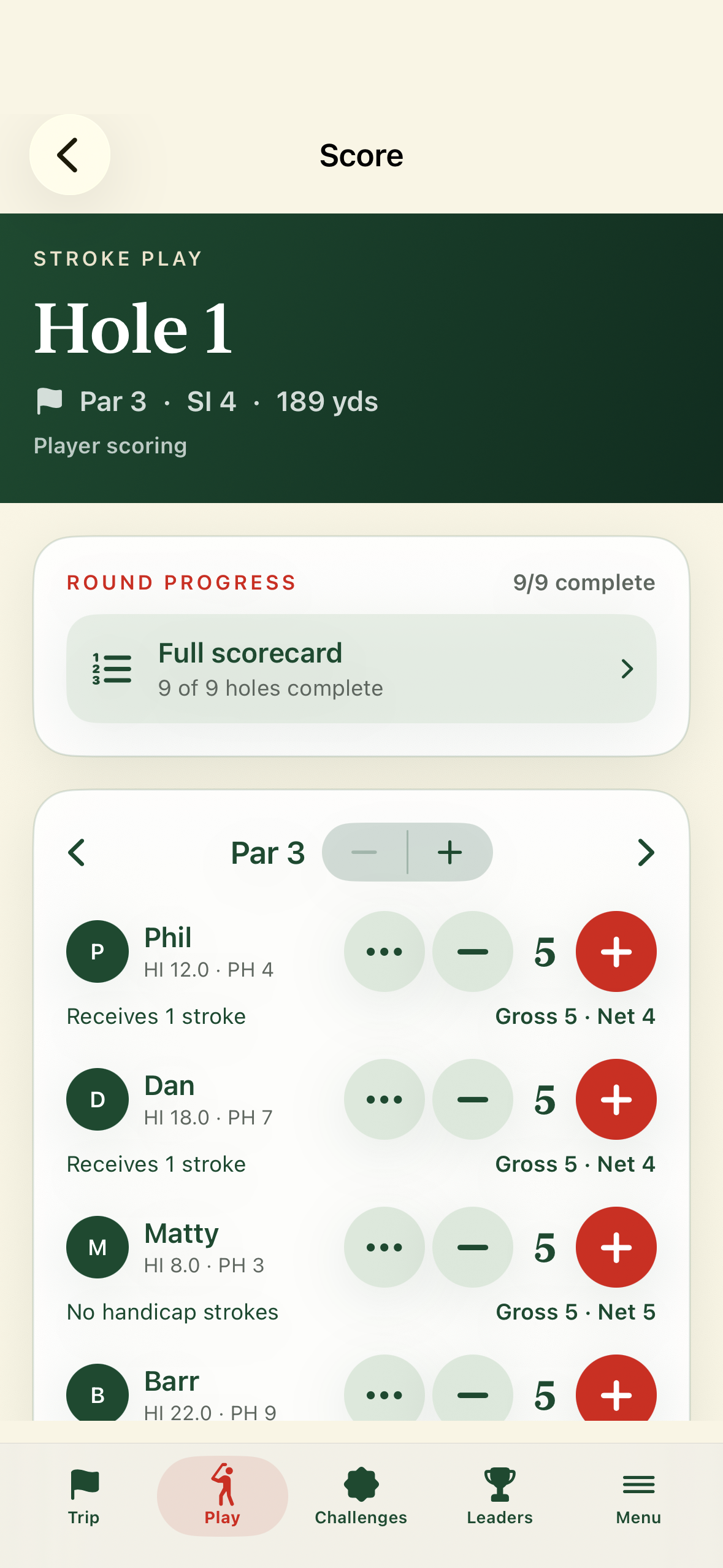 Golf Trip Captain hole-by-hole score entry for a four-player Stroke Play round
