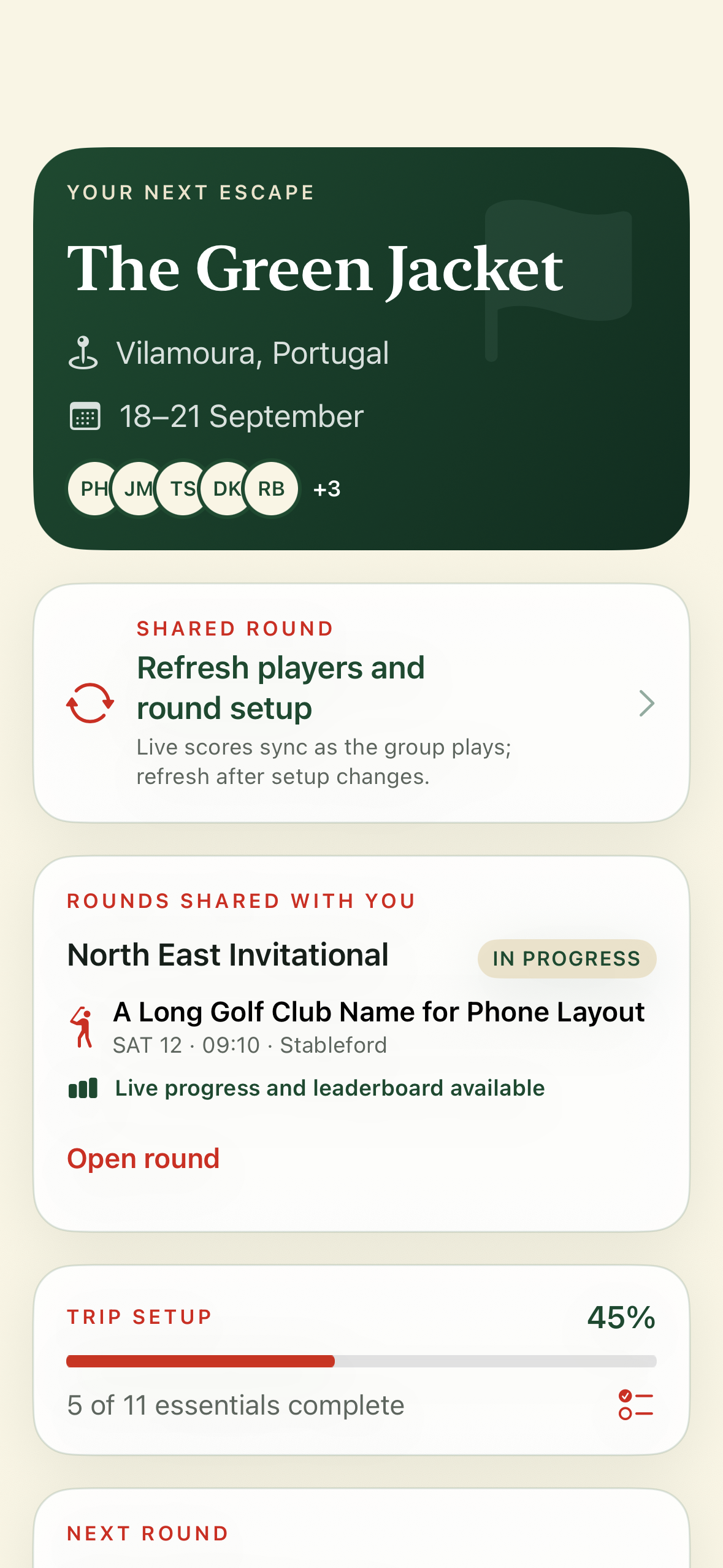 Golf Trip Captain trip dashboard showing an upcoming trip, shared round and setup progress